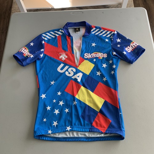 Vintage Sz M Skittles Team USA Cycling Jersey Descente Blue Multi Coolmax/Poly