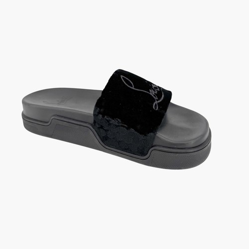 Sandales à glissière Christian Louboutin « Navy à prix réduit Pool » taille 37 US 7 noir velours logo 34