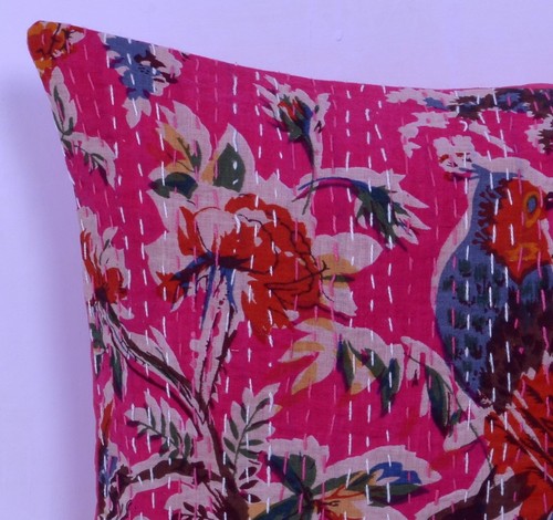 PINK INDIAN BIRD FLORAL PILLOW CUSHION COVER Ethnic Kantha Home Decorative 16" - Picture 2 of 4