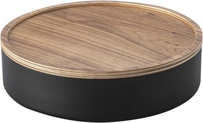 YAMAZAKI 5800 RIN Aufbewahrungskoffer mit Deckel rund, schwarz, Stahl/Holz 22x22x6cm