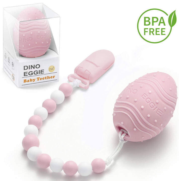 Two Dino Eggie Baby Teethers Egg Teething Toy Rattle 2M+ Pink Teether Lot  of2