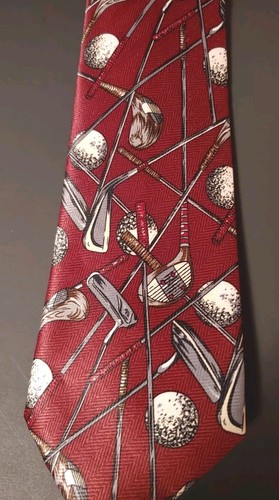 Golf Themed Tie by UMO LORENZO. "Golf Clubs and Balls" Red/gray - Picture 1 of 4