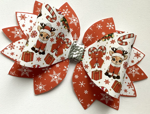 REINDEER CANDY 5" STATEMENT PRINTED CANVAS FABRIC BOW TEMP TO MAKE OWN HAIR BOWS - Picture 2 of 4