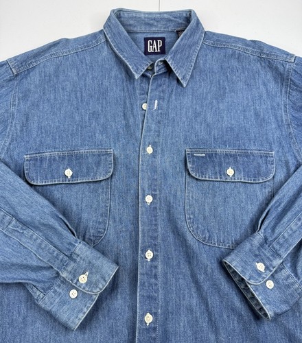 Vintage Gap Denim Shirt Blue Button Up Western Cowboy Heavyweight 90s Mens L - Picture 4 of 7