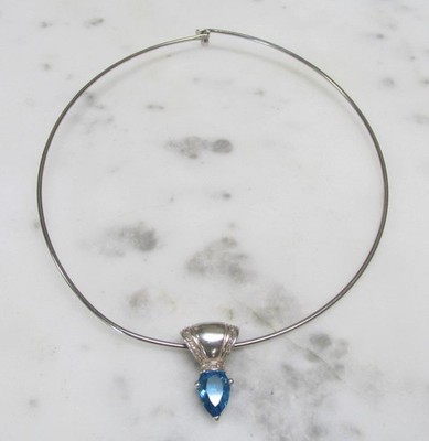 Thin Sterling Silver Choker & Kabana Pendant w/ Blue Stone ~ 14'' ~ 13g ~ 1-C101