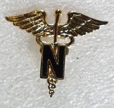 Nurse Caduceus Lapel Pin Badge Gold Tone Black Enamel Medical RN