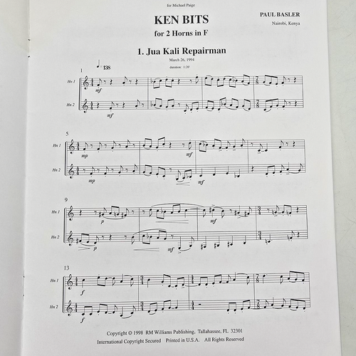 Paul Basler Ken Bits For Two Horns In F Sheet Music French 1998 Vintage - Picture 3 of 10