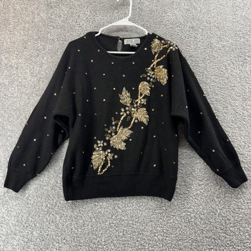 Maglione vintage Crystal-Kobe donna grande nero perline paillettes angora seta anni 80 - Foto 1 di 6