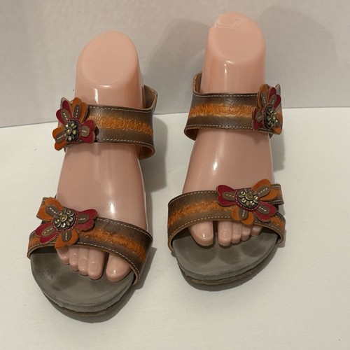 L Artiste Spring Step Bacall Wedge Sandal Brown Orange Leather Beaded 9/40 - Picture 1 of 22