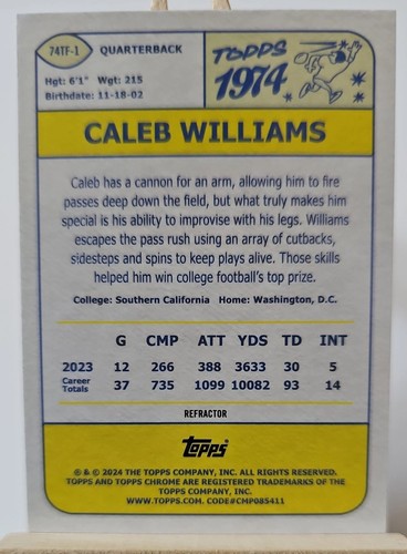 2024 Topps Chrome 1974 Caleb Williams Rookie Refractor SP RC Bears ๐ฅ๐ฅ๐ฅ - Picture 2 of 8