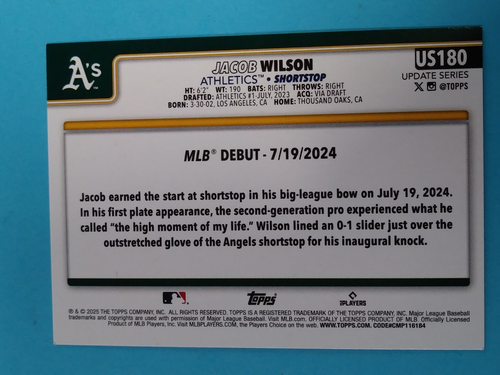 2025 Topps Update Holiday - Jacob Wilson Rc Holidays Foil Rookie SSP #US180 A's - Bild 2 von 2