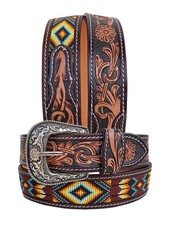Affilare Western Tooled Leather Beaded Belt For Men and Women 30AB013