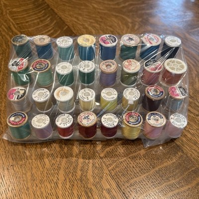 Lot Of Sewing Thread Spools On Plastic Holder 32 Spools Various Brands 