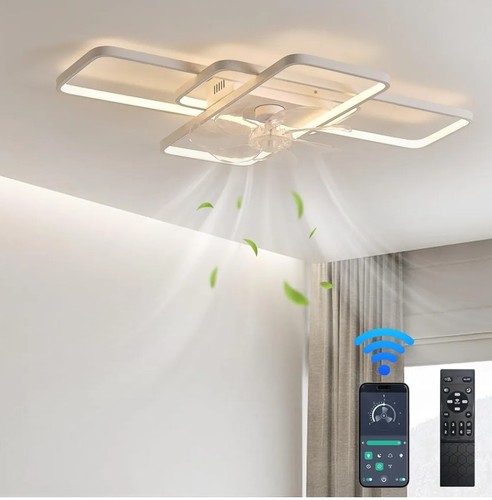Depuley weiße quadratische Deckenleuchten mit Ventilatoren, LED dimmbarer Deckenventilator & Leuchte