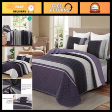 King Size Striped Quilts Set - Dark Purple Lightweight Bedspread  2 Pillow Sham