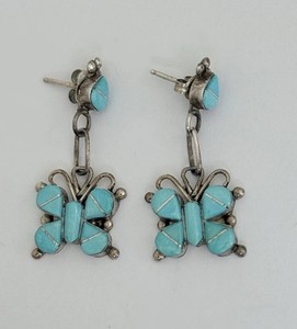 Vintage Signed Zuni Sterling Silver Turquoise Inlay Butterfly Dangle Earrings