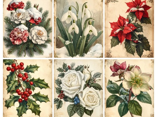 Weihnachtsblumen Junk Journal Kit viktorianische Blumen druckbare Ephemera-Seiten - Bild 2 von 6