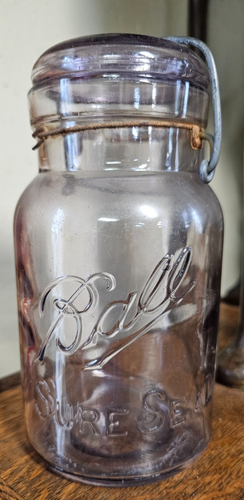 Vintage Ball Ideal Wire Bail Purple Amethyst Mason Jar with Lid Quart