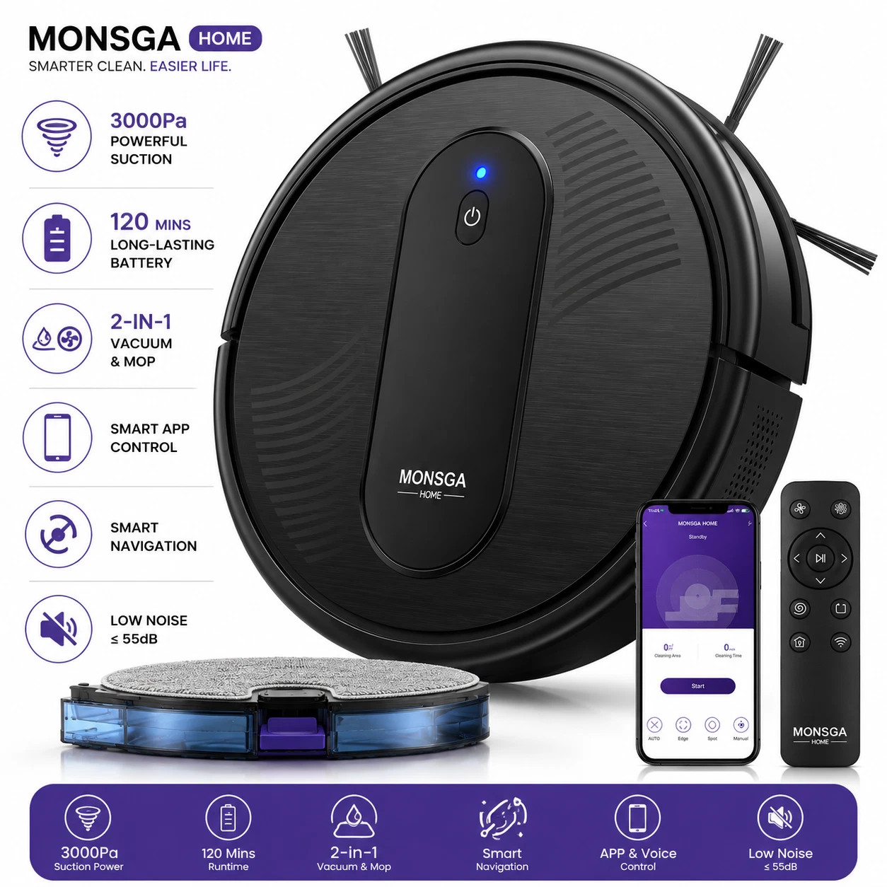 Robot Vacuum Cleaner 3000Pa Smart App Control Mop 120Min Runtime Quiet
