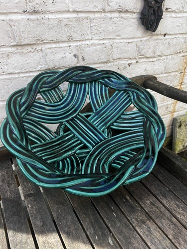 French Vallauris Pottery Fruit Bowl Woven Green Coil Jerome Massier School 14”