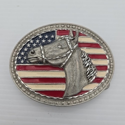 Pferd + amerikanische Flagge silberfarbene patriotische Gürtelschnalle von Legends West USA massiv - Bild 1 von 2