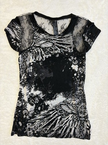 Angels and Diamonds Black Fairy Goth Y2K Spitze Burnout Flügel Biker Kurzarm - S - Bild 1 von 7