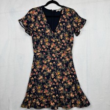 LOFT Women's Dress Flutter Sleeves Crossover V-neck Navy Blue w/ Floral Print 2