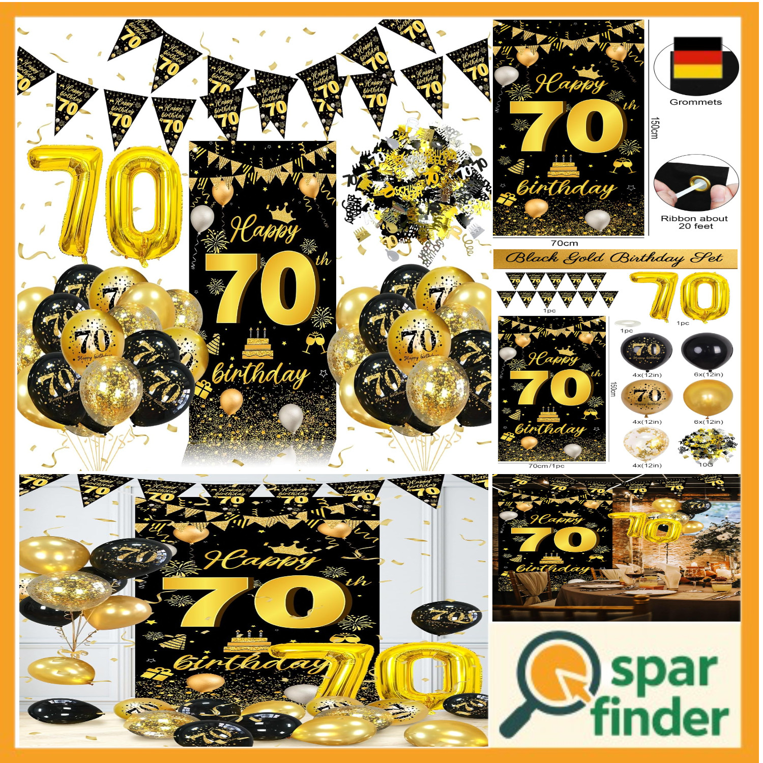 Schwarzer Goldbanner 70er Luftballons Konfetti Deko