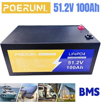 51.2V 100Ah LiFePO4 Lithium Battery 100A with BMS For Solar RV Camp Trip Backup