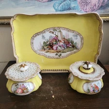 Meissen Germany Deck Tray, Pounce Pot & Inkwell Set Scene Gold