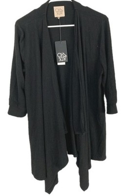 Chaser Cardigan Sweater Women L Black Knit Open Front 3/4 Sleeve Drape NWT