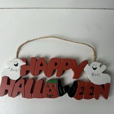 HAPPY HALLOWEEN Hanging Wooden Pumpkin Ghosts Bats Cute Decor Orange