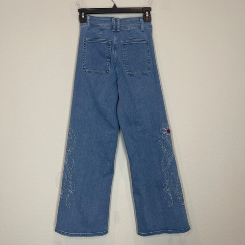 Zara Wide Leg Jeans Girls Size 11-12 Blue Embroidered Floral Medium Wash - Picture 5 of 12