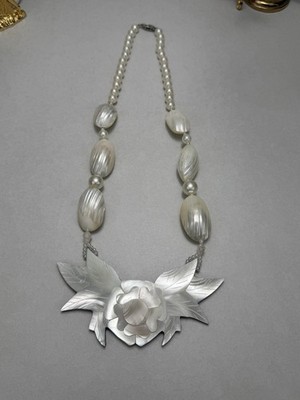 Vintage Lee Sands Mother Of Pearl Abalone Lotus Flower Statement Necklace 24''