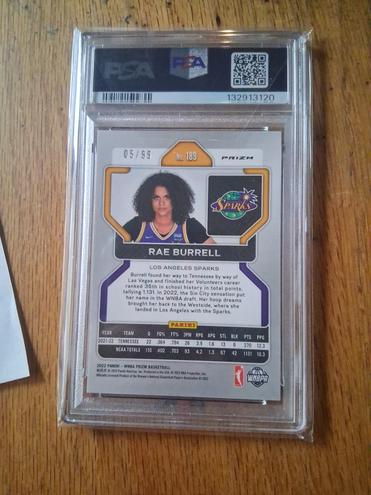 Rae Burrell RC 2022 WNBA Panini Prizm Purple Prizm Sparks Psa 9 Rare Low Pop view 2