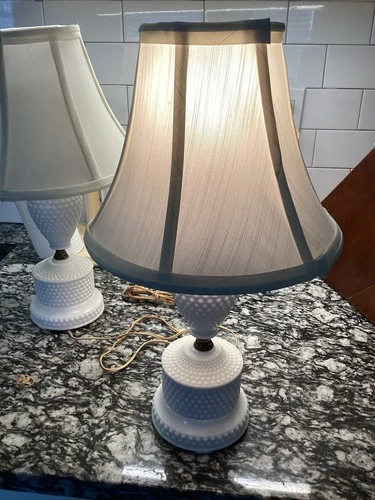 Matching Pair Vintage Hobnail Milk Glass Electric Table Lamps with/ Shades