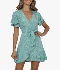 SHEIN Dress Polka Dot Wrap V Neck Mini Dress Green Women Small New