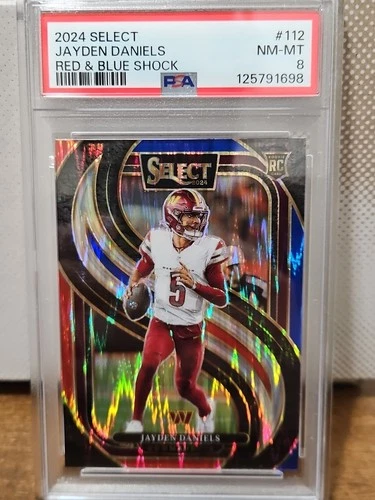 2024 Panini Select Jayden Daniels Rookie Red & Blue Shock PSA 8 RC Commanders
