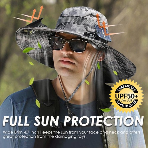 Wide Brim Sun Hat With Solar & USB Powered Fan UV Protection For Camping Fishing - Picture 5 of 25