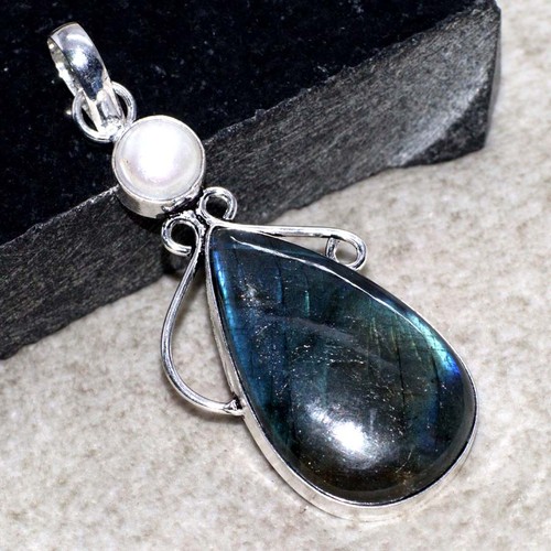 Long Fiery Labradorite Pearl 925 Silver Plated Gemstone Pendant 2.5" JW