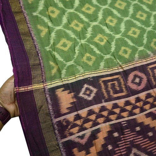Vintage Sari Green &Purple Hand woven Sambalpuri Ikat Saree Pure Silk Fabric 5yd - Picture 4 of 24