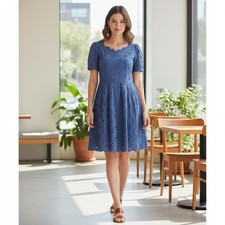 J. Crew Dress Womens 4 Blue Eyelet Cut Out Fit & Flare Boho Babydoll Knee Length