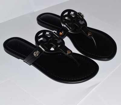 Tory Burch Miller Black Leather Thong Sandals, Classic Logo, Size US 7.5 NWOB