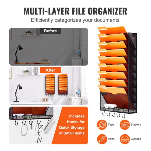 VEVOR File Wall Rack Mesh Wall File Holder 2-Piece 10 Pockets for Office/School - Picture 3 of 12