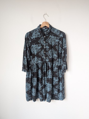 White Stuff Everly Black Blue Floral Print Mini Shirt Dress Size 12