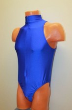 Men Thong Leotard 154-58 High Collar Hole Crotch Royal Blue Spandex Size XL