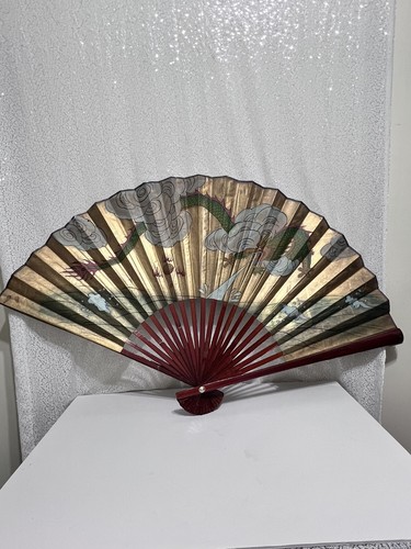 2 VINTAGE CHINESE DRAGON ON GOLD PAPER DECORATIVE Wall FAN 24" TALL 60" WIDE - Picture 7 of 12