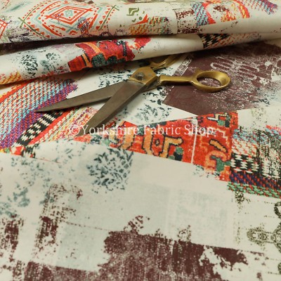 Bunter orange roter Kelim Patchwork Muster Velours Samt Polsterstoff