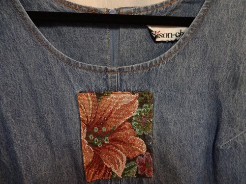Allison Che Denim Jumper Dress L Large Sleeveless Tapestry Applique Front Modest - Picture 3 of 4