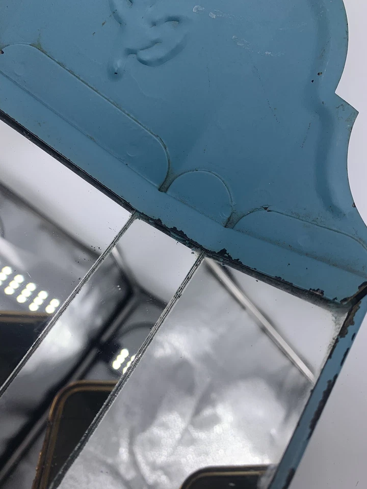 Vintage Light Blue Metal 3D Mirror Wall Panel Scone Candle Holder 17” X 8” - Image 4 of 4